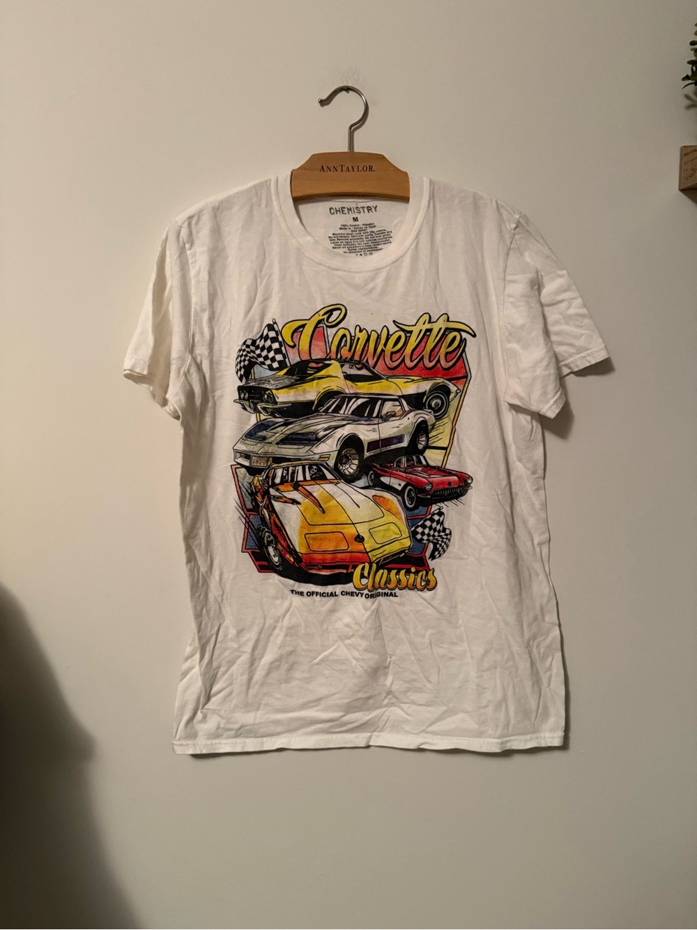 Chemistry White Short Sleeve Corvette Classics Tee with Yellow & Red Graphic